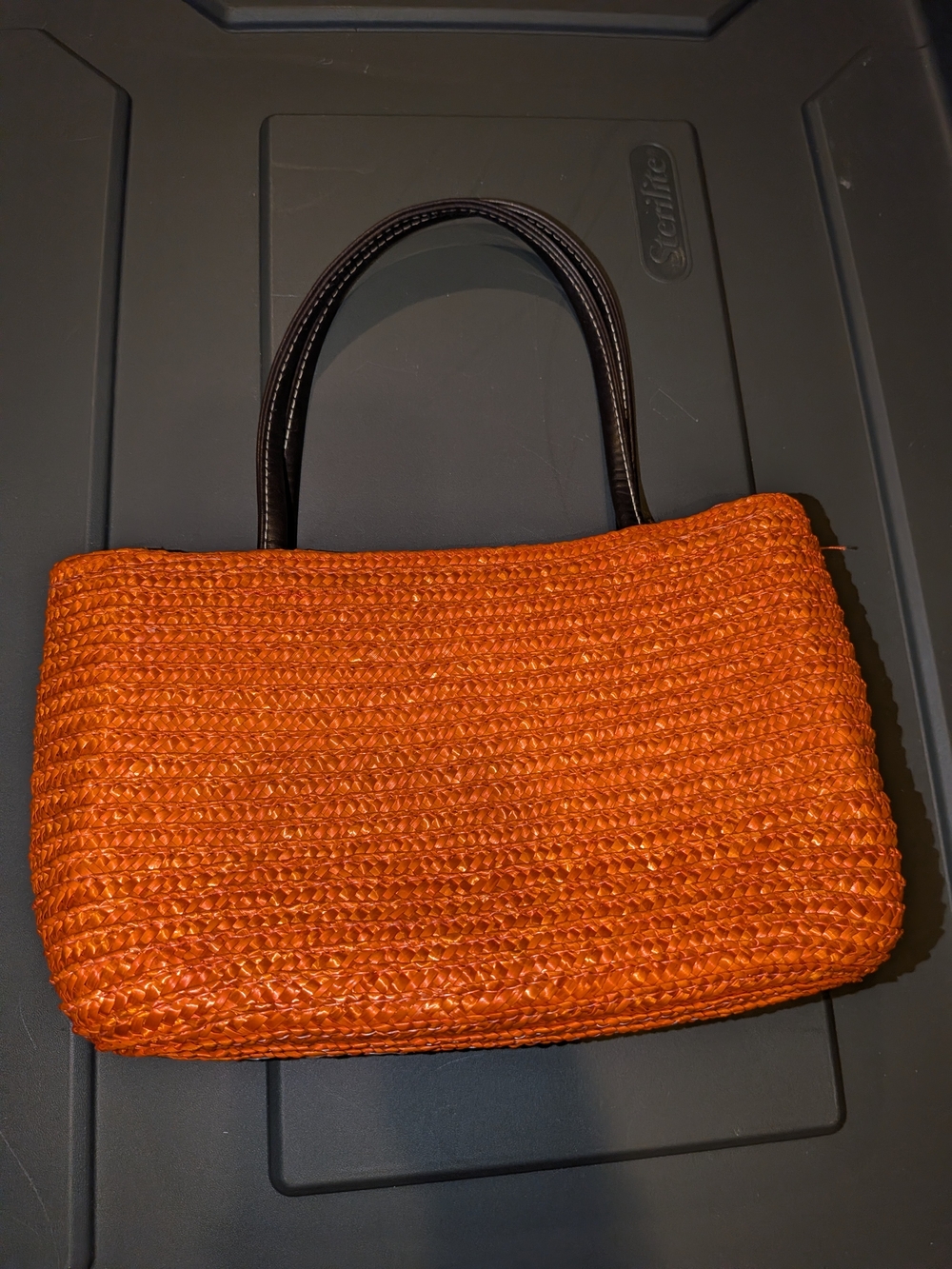 Orange Woven Straw Mini Purse with Brown Handles